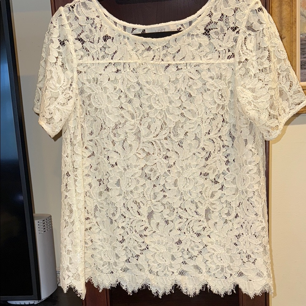 LOFT Cream Lace Blouse with Short Sleeves